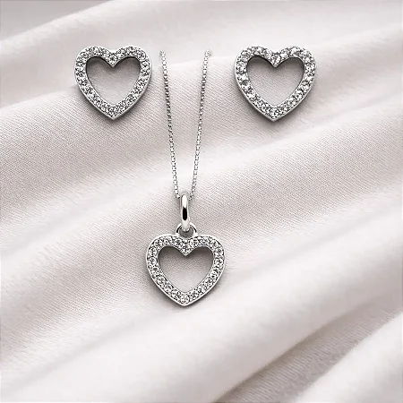Conjunto brinco + colar coração vazado G com zircônias cravejadas CJ084 (prata 925)