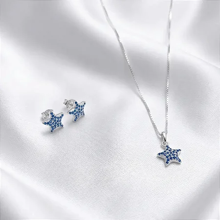 Conjunto brinco + colar com estrela azul CJ086 (prata 925)