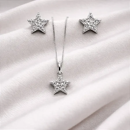 Conjunto brinco + colar estrela preenchida com zircônias cravejadas CJ087 (prata 925)
