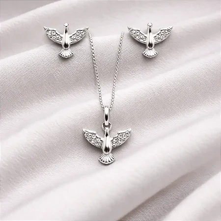 Conjunto colar + brinco espírito santo com zircônias brancas cravejadas CJ089 (prata 925)