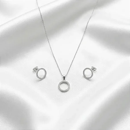 Conjunto brinco + colar circulo cravejado CJ093 (prata 925)