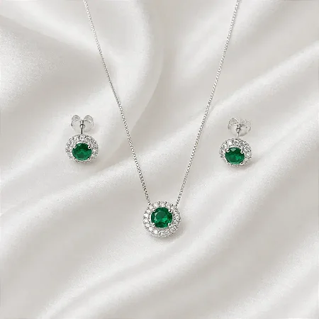 Conjunto brinco + colar REDONDO VERDE ESMERALDA COM ZIRCONIAS AO REDOR CJ099 (prata 925)