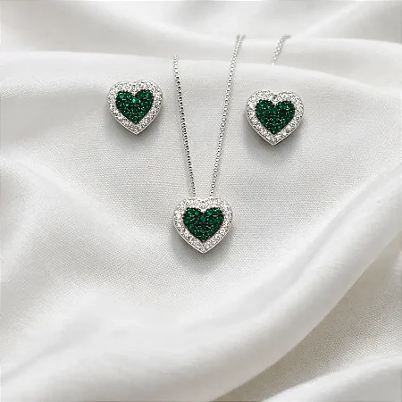 CONJUNTO BRINCO + COLAR CORAÇÃO CRAVEJADO VERDE NO MEIO E BRANCO AO REDOR CJ102 (prata 925)