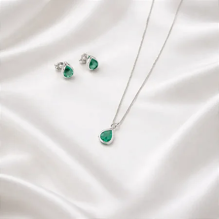 CONJUNTO + COLAR GOTA VERDE ÁGUA CJ106 (prata 925)