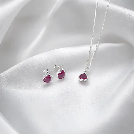 CONJUNTO + COLAR GOTA ROSA PINK CJ107 (prata 925)