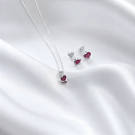 CONJUNTO + COLAR CORAÇÃO ROSA PINK CJ110 (prata 925)