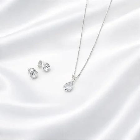 CONJUNTO + COLAR GOTA BRANCA CJ114 (prata 925)