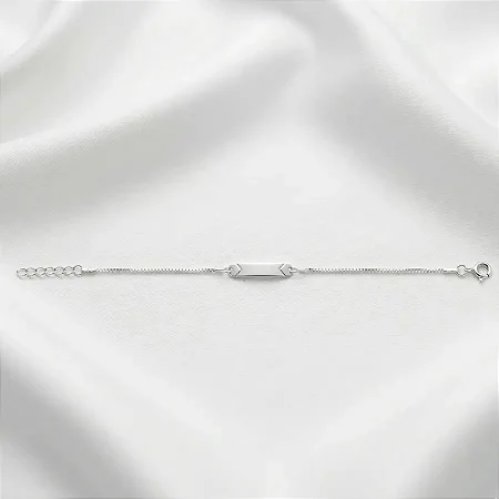 Pulseira melindrosa veneziana com plaquinha retangular curvada e coração nas laterais 2CM - 13+3CM extensor PM006 ( Prata 925 )