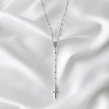 TERÇO PLAQUINHA NOSSA SENHORA E CRUZ P CTE005 ( Prata 925 )