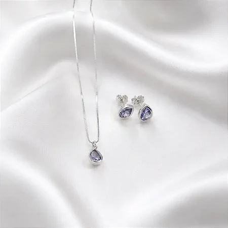 CONJUNTO + COLAR GOTA LILÁS CJ118 (prata 925)