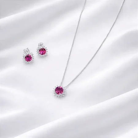 CONJUNTO + COLAR RENDOCO CRAVEJADO PINK CJ120 (prata 925)