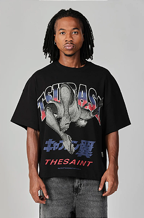 Camiseta The Saint Wide Boxy Big Overhead Kick Tsubasa - Black