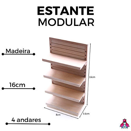 Estante Modular em Miniatura de Madeira C/ 4 Andares (DIY)(Ajustável)(Encaixável)