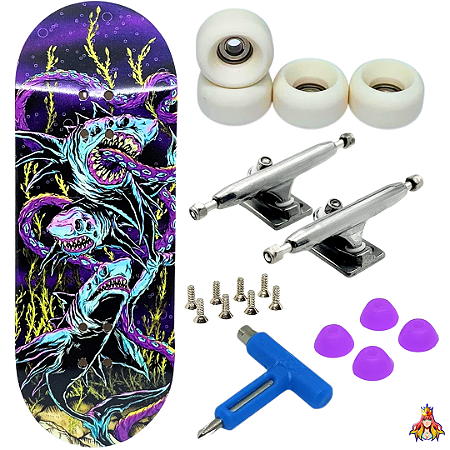 Fingerboard Premium Custom 34mm - Sharks - Trucks Leefai G4 - Rodas Urethane PRO 65D