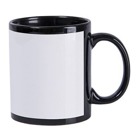 Kit 12 Canecas de Cerâmica Preta Com Tarja Branca 325ml