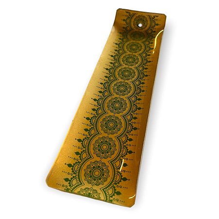 Incensário vidro retangular dourado e verde 21,5x6,2cm
