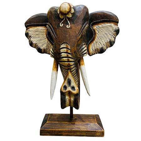 Cabeça de Elefante em Madeira no Pedestal