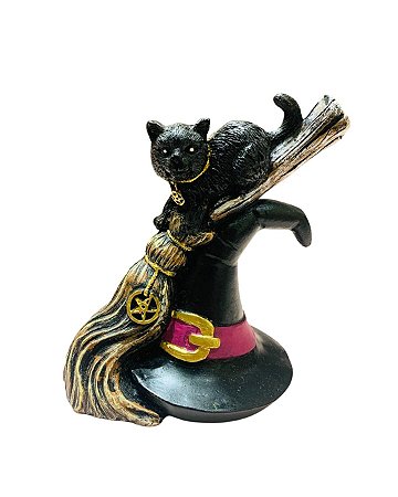 Gato Wicca na Vassoura e Chapéu