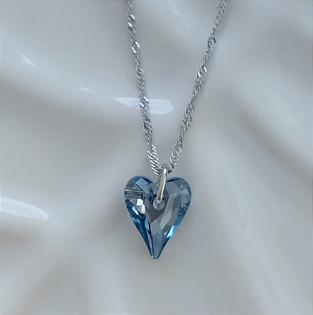 Colar Swarovski Coração Fino 12mm Blue Shade