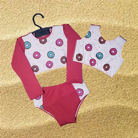 Kit Biquíni Infantil/Juvenil manga longa e top rosquinhas