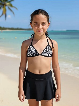 Biquíni Infantil e Juvenil Zebra com saia Romantic Preta