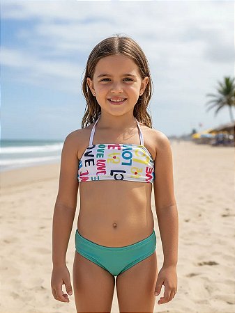 Biquíni Infantil Verde Água com Top Love