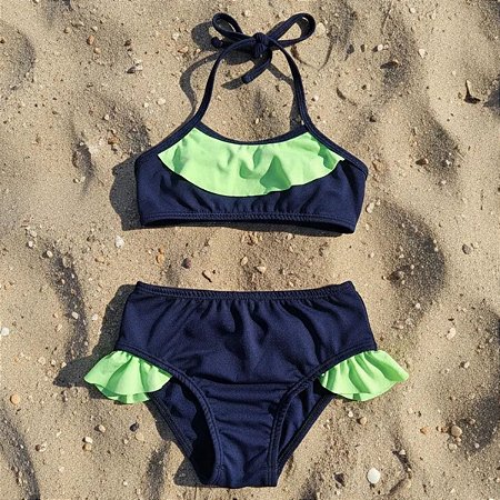 Biquíni Menina Azul Marinho com Babado Verde Neon