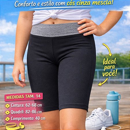 Shorts Juvenil Suplex Preto com Cós Cinza Mescla Tamanho 14