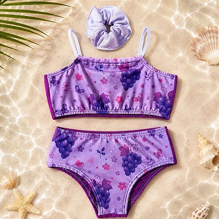 Biquíni Infantil Roxo Uvas e Borboletas + Xuxinha Brinde