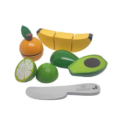 Kit 04 frutinhas madeira Abacate Banana Laranja Limão + Faca