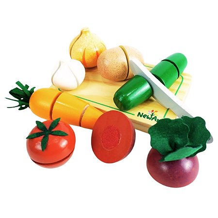 Kit 7 Legumes madeira com Corte + Faca + Tabua comida newart