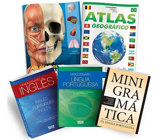 Kit Escolar 5 em 1 - 2 Atlas, 2 Dicionários, 1 Mini Gramática