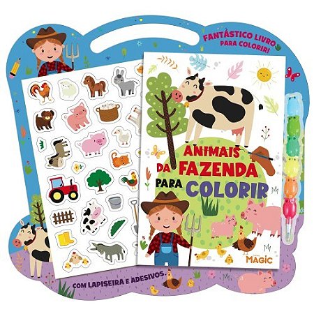 Fantástico Livro Animais da Fazenda Para Colorir com Lapiseira e Adesivos