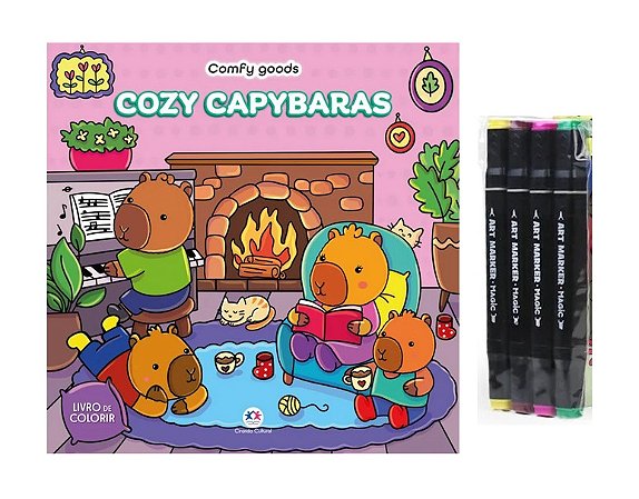 Livro de Colorir com 4 Canetinhas - Cozy Capybaras