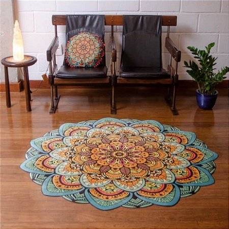 Tapete Mandala Verde, Laranja e Amarelo
