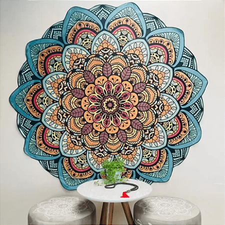 Manta Decorativa Mandala Verde, Laranja e Amarelo