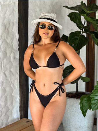 Top Cortininha Perola e Tanga Rolote Lateral Preto