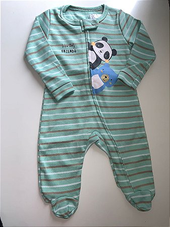 Macacão longo com pé e zíper - Panda Verde - Tam. P