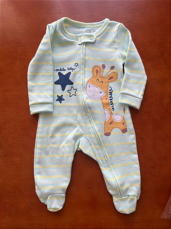 Macacão longo com pé e zíper - Girafa Verde - Tam. RN