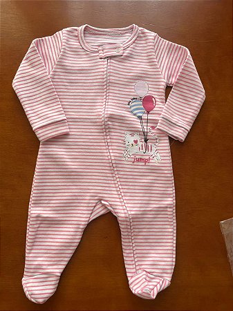 Macacão longo com zíper - Gatinha - Tam. RN (com pé), M (sem pé) - M Baby