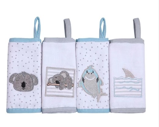 Paninho de boca com prendedor de chupeta - Papi Friends - 4 unidades - Coala/Tubarão