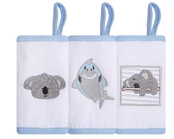 Paninho de Boca Babete Gifts Papi Friends C/Prendedor De Chupeta - Coala e Tubarão - 3 Unidades - Papi