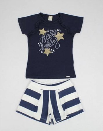 Conjunto com Blusa Paetê Estrelas e Shorts Listrado - Colorittá - Tam. 10