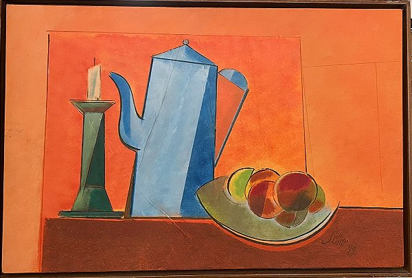 Pintura Scliar. Vinil e colagem encerados sobre tela. 37/56 cm. Situado em Ouro Preto. 6/7/199.Titulo :  Castiçal, bule azul e frutas.Assinado frente e verso