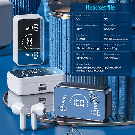 Fone De Ouvido Sem Fio Bluetooth espelhado com display Digital
