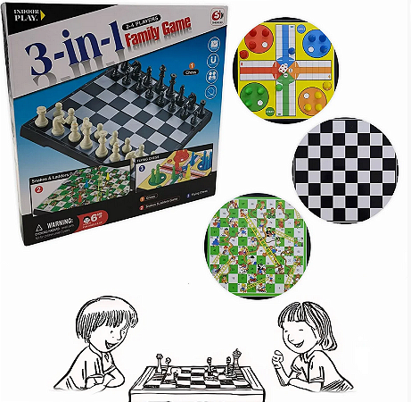 Jogos Tabuleiro 3 em 1 Clássicos Xadrez Ludo Cobras Escadas