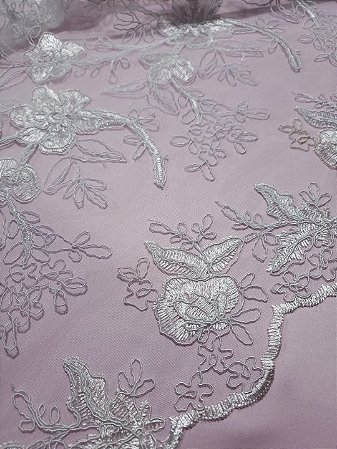 Tule Bordado Branco Gelo - Barra Bordada