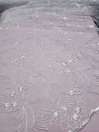 Tule Bordado Branco - Folha Vazada