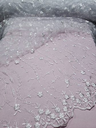 Tule Bordado Branco - Barra Estreita