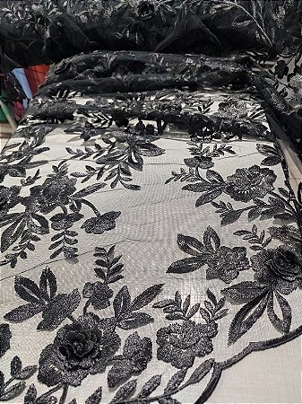 Tule Bordado 3D - Preto